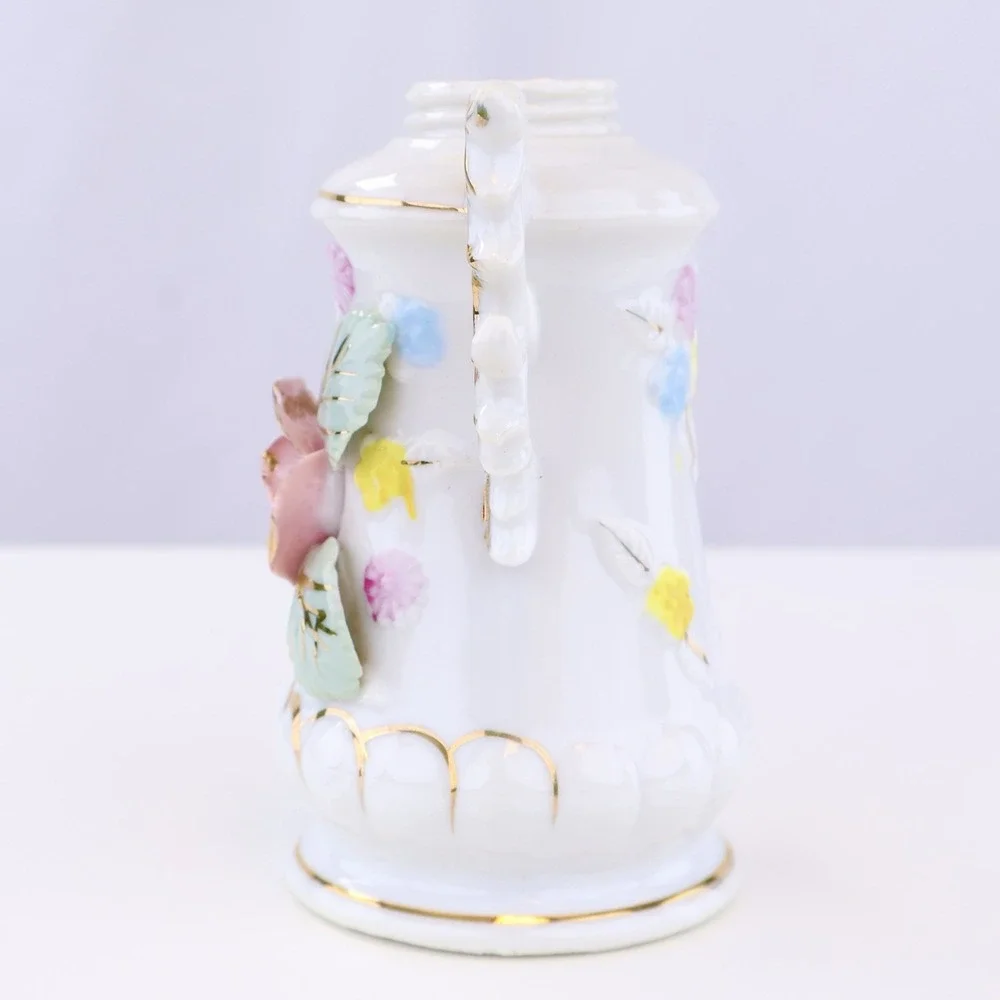 Vintage White Milk Glass Floral Vase Gold Gilt Pink Rose Double Handle 5